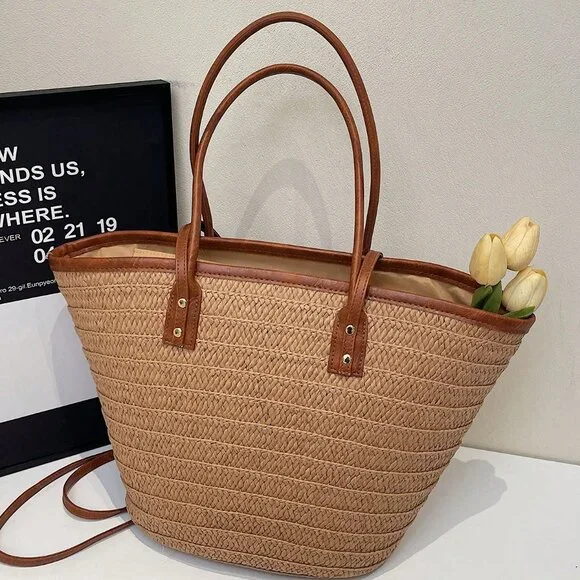 Khaki Casual Women's Woven Tote Large Capacity Beach Bag - Picture 3 of 5